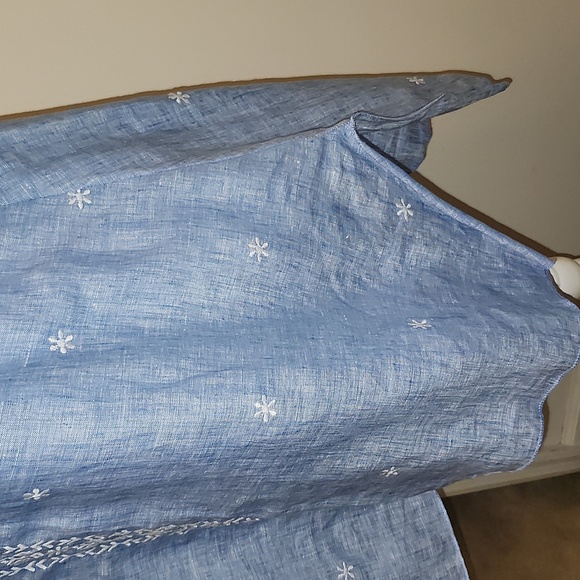 Karyn Seo Blue Embroidery White Bohemian Tunic Blouse Linen Coastal Beach - Picture 3 of 11
